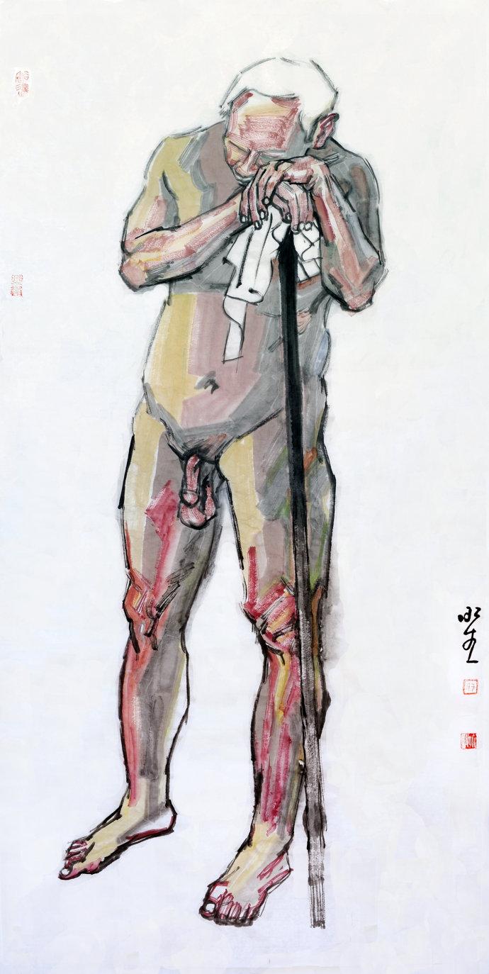 倚杖男人体的三个角度(之一)136x68cm   于新生   2018